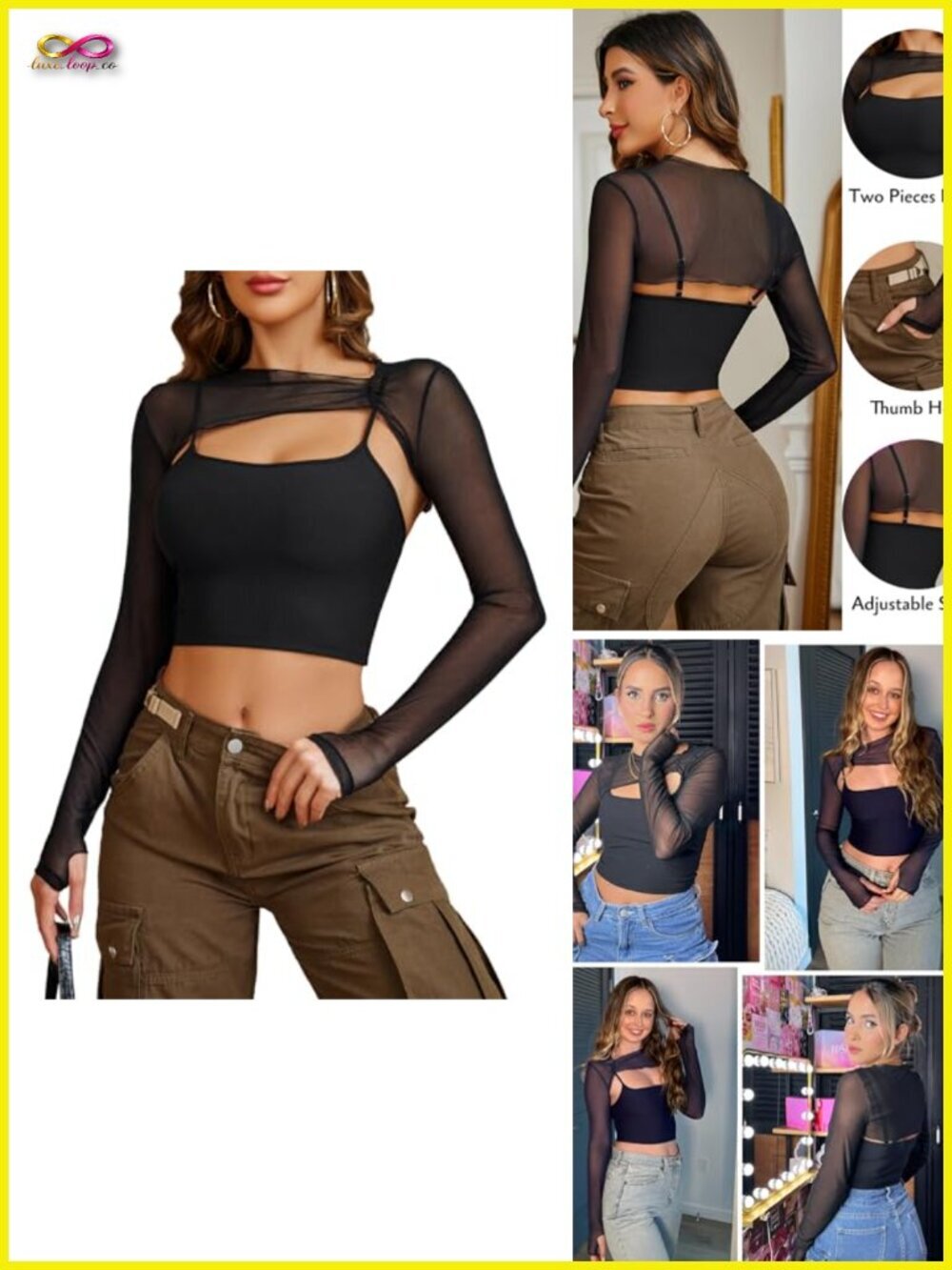 Two Piece Crop Top Set Mesh Long Sleeve Cover Up Cami Clubwear Thumb Holes